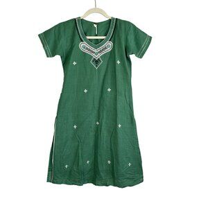 Colorful Kurta Floral Embroidery Dress Green S Tunic Fitted Kameez Kaftan Chic